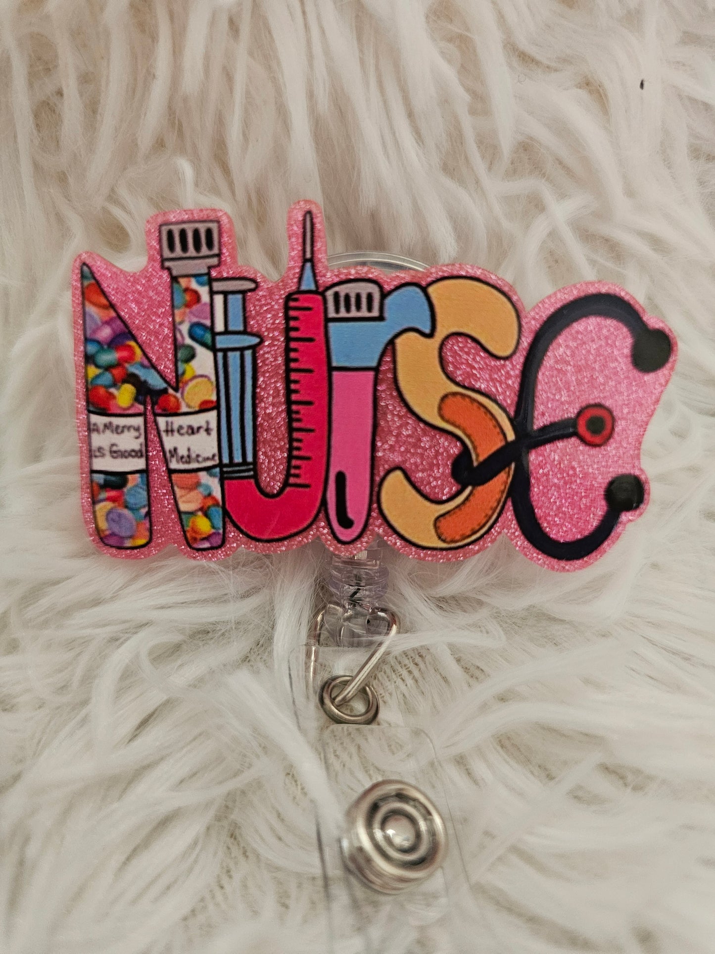 Colorful Nurse Badge Reel – Pink Glitter