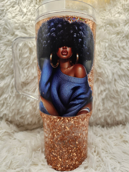 💎 “Cozy Glam” Afro Queen Glitter Tumbler 💎