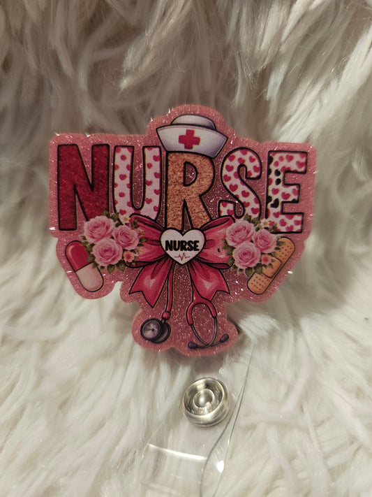 Nurse Badge Reel – Pink Glitter & Floral Design