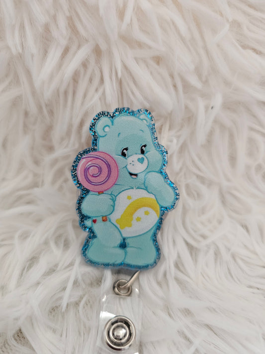 Blue Bear with Lollipop Badge Reel