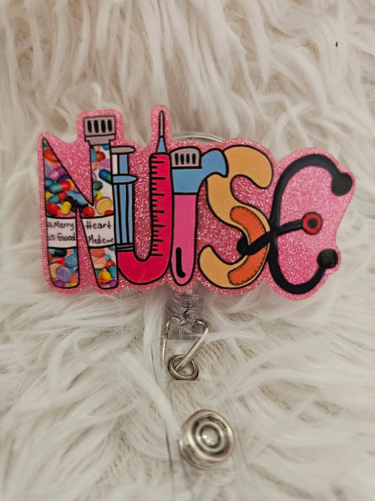Colorful Nurse Badge Reel – Pink Glitter