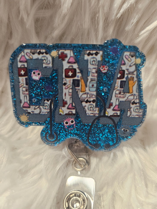 CNA Badge Reel – Blue Glitter Medical Icons