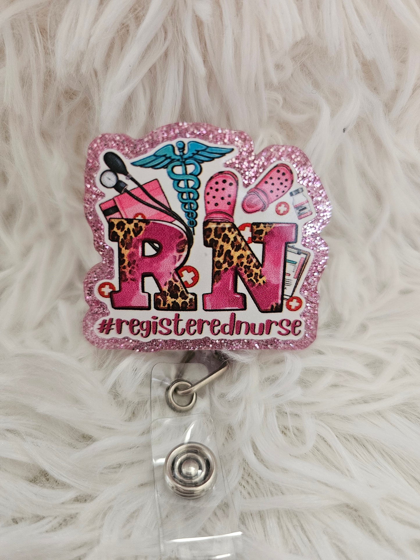 RN Badge Reel – Glitter Pink & Leopard Print