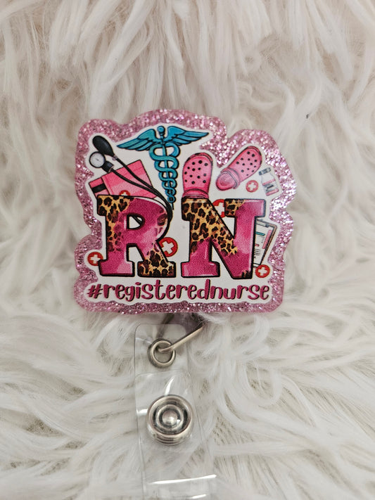 RN Badge Reel – Glitter Pink & Leopard Print