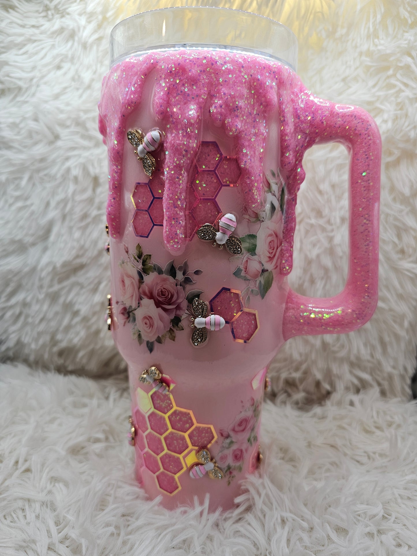 🌸 Pink Bumblebee Glow Tumbler – Handmade by Dija’s Creations