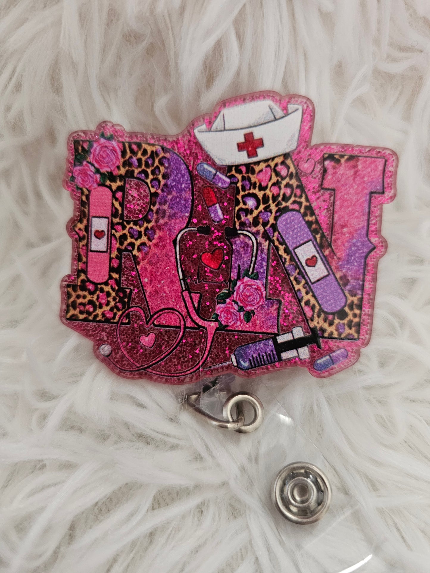 RN Badge Reel – Pink Glitter & Leopard Print