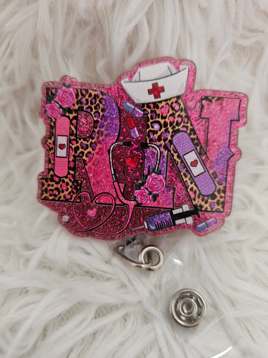 RN Badge Reel – Pink Glitter & Leopard Print