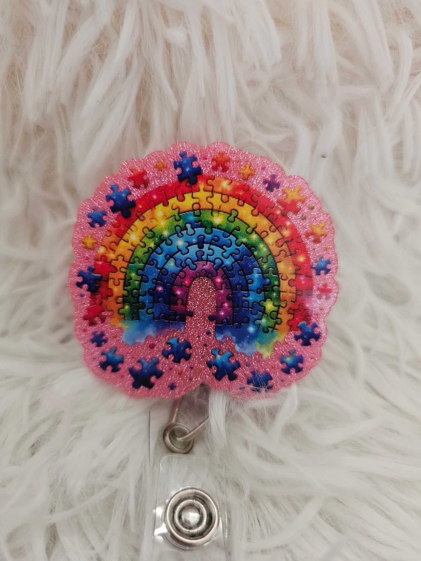 Rainbow Puzzle Piece Badge Reel – Autism Awareness & Support