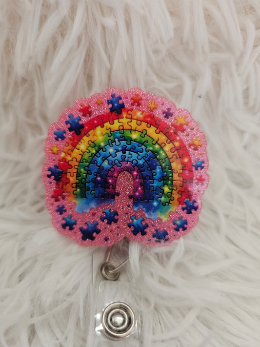 Rainbow Puzzle Piece Badge Reel – Autism Awareness & Support