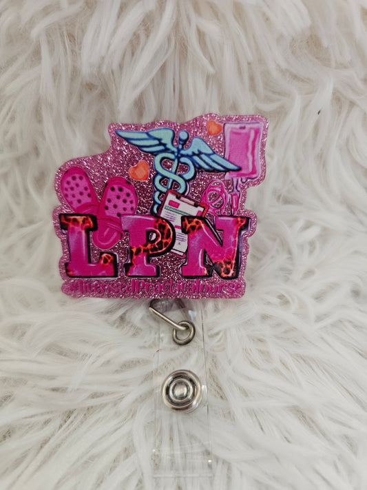 LPN Badge Reel – Pink Glitter & Medical Icons